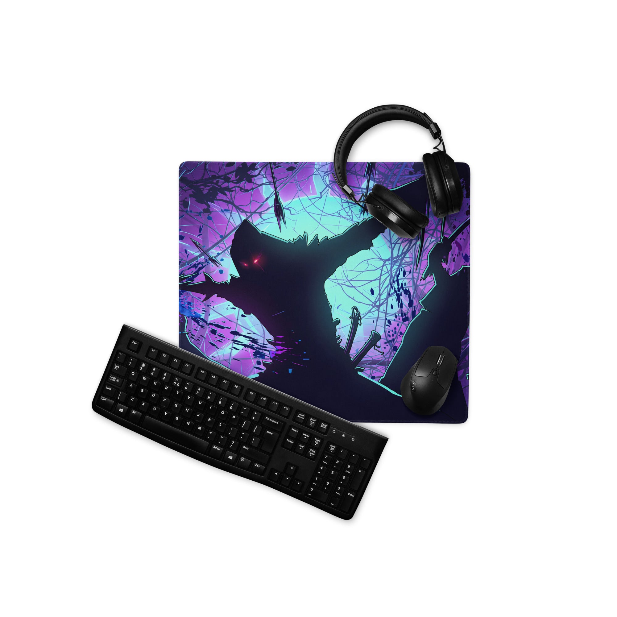 Vibrant purple and teal vaporwave neon night pad gaming mouse pad with a stylized black silhouette and glowing red eyes beneath keyboard and mouse