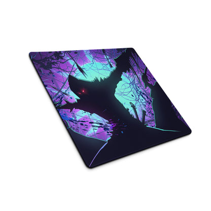 A rectangular gaming mousepad with a stylized black wolf with glowing red eyes on a neon purple and teal vaporwave background