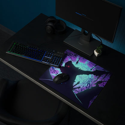 Vibrant purple and teal vaporwave neon night pad gaming mousepad with stylized anime character design for desk decor