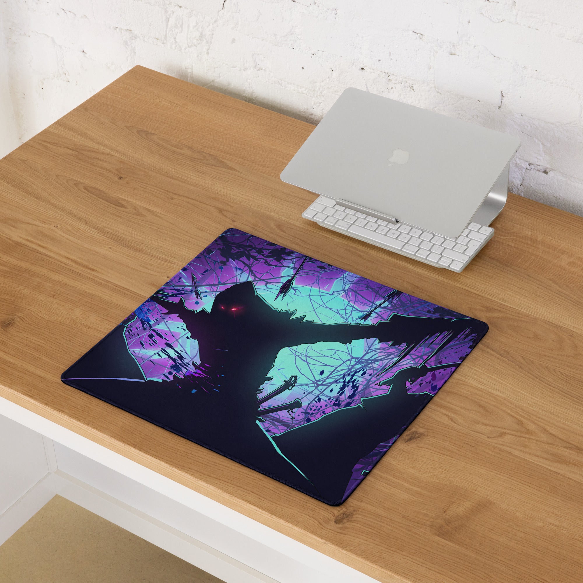 Vibrant purple and teal vaporwave neon night gaming mouse pad with stylized black silhouette and glowing red eyes