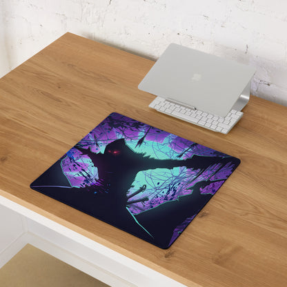 Vibrant purple and teal vaporwave neon night gaming mouse pad with stylized black silhouette and glowing red eyes