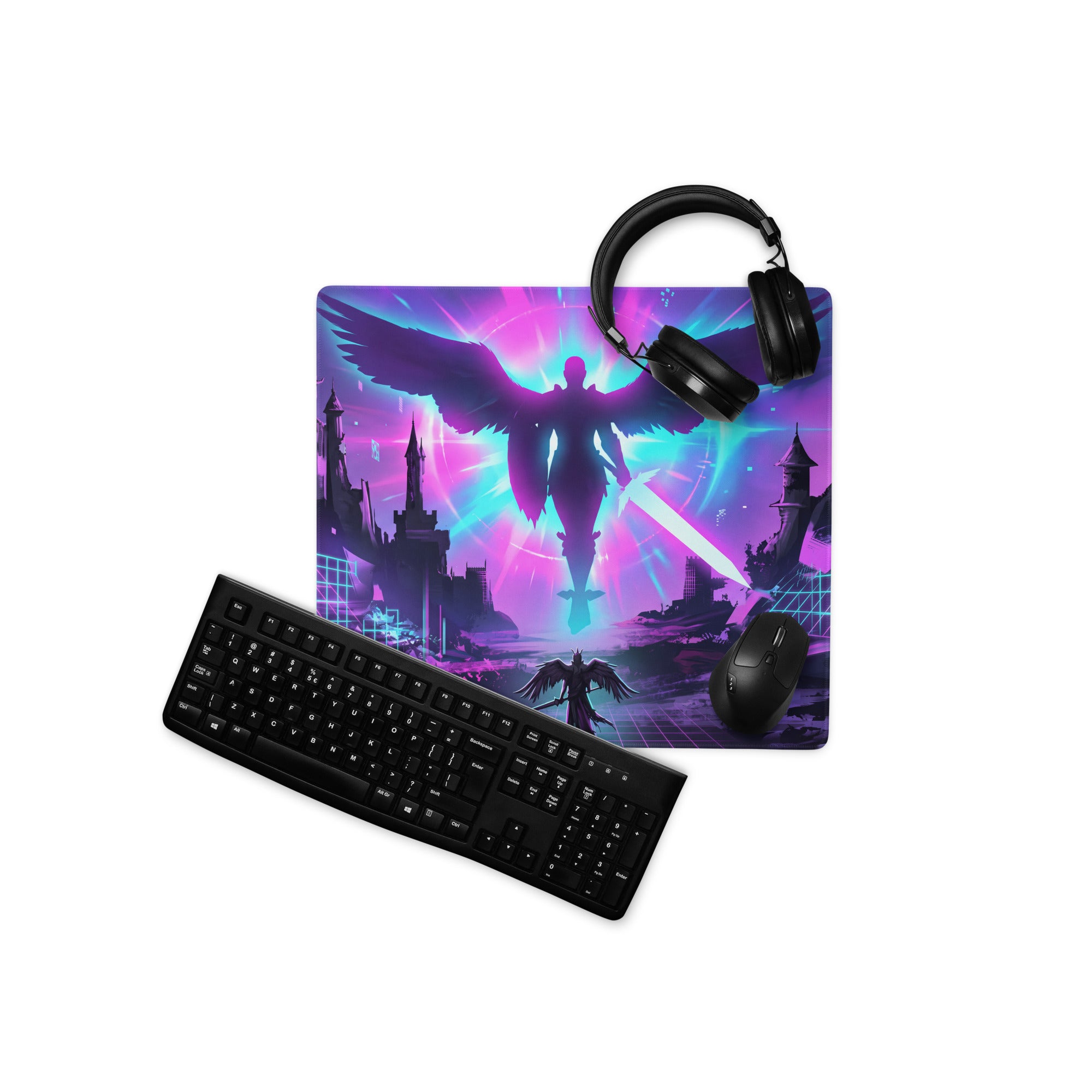 Vibrant purple and blue neon gaming mousepad with winged angel silhouette over futuristic cityscape design