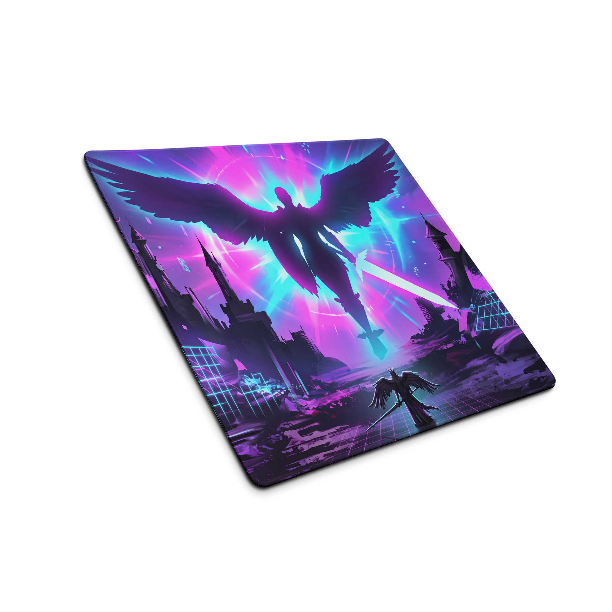 Vibrant purple and cyan neon-themed vaporwave gaming mouse pad with winged angel silhouette over futuristic cityscape