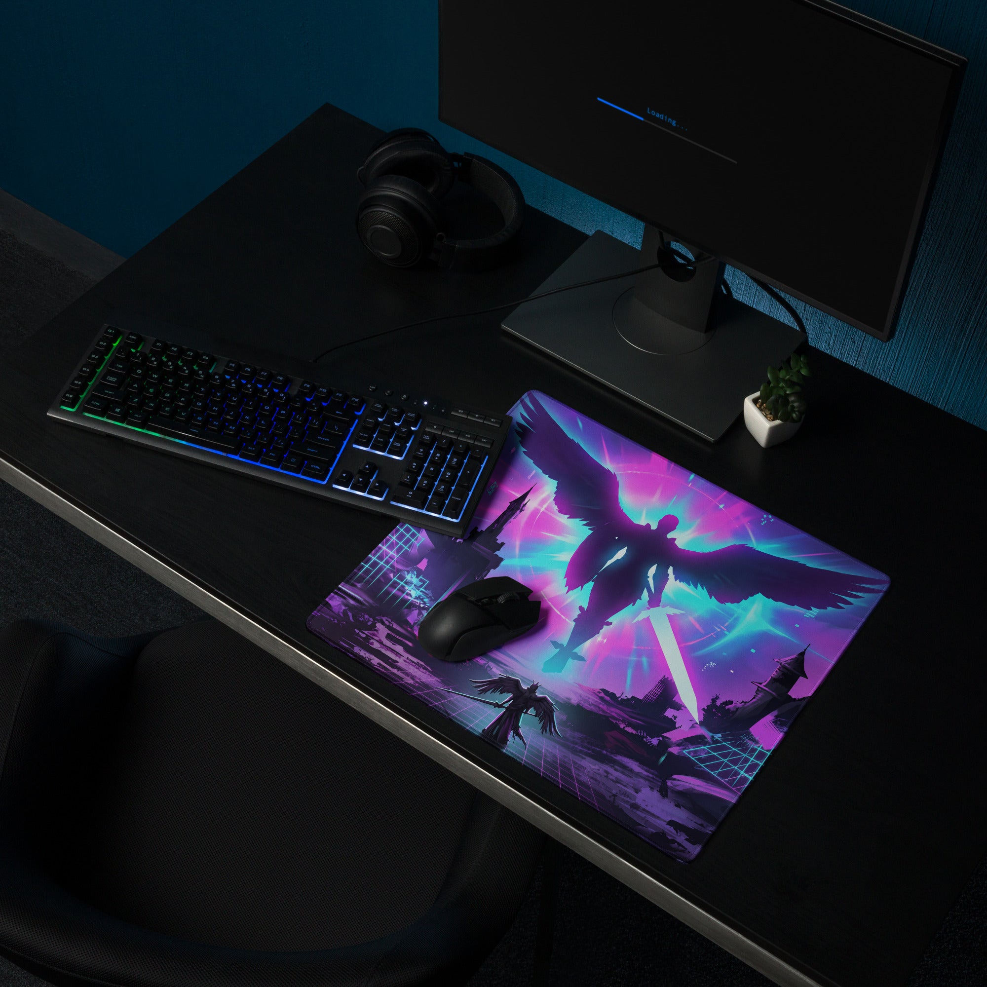 Vaporwave neon flight mouse pad featuring vibrant purple and pink neon winged angel silhouette on cosmic backdrop