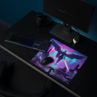 Vaporwave neon flight mouse pad featuring vibrant purple and pink neon winged angel silhouette on cosmic backdrop
