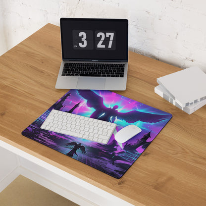 Vibrant purple and neon blue vaporwave neon flight gaming mouse pad with stylized winged figure and cyberpunk cityscape