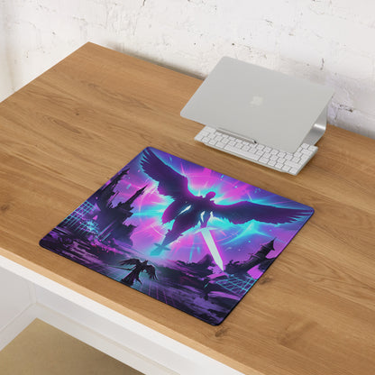 Vaporwave neon flight mouse pad with vibrant neon purple and cyan winged angel silhouette on futuristic cityscape design