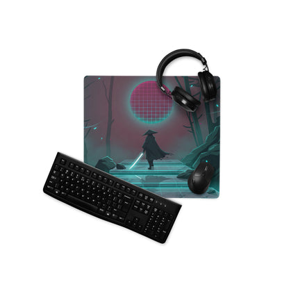 Neon pink teal vaporwave mouse pad with cyberpunk lone figure on glowing steps under a grid sun for gaming desk use