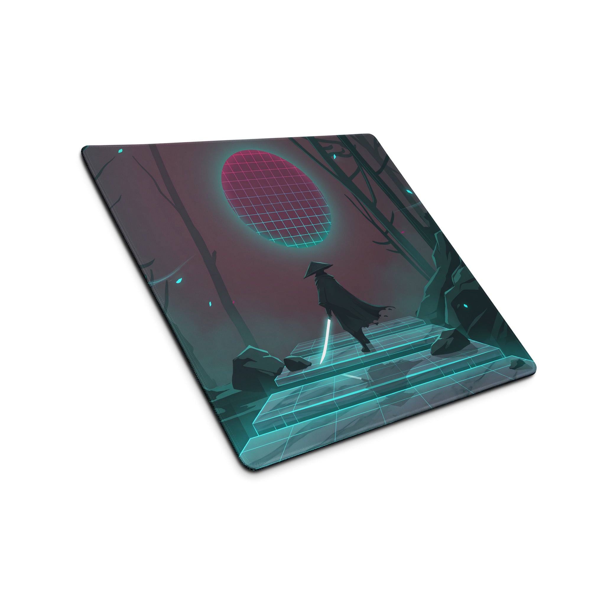 Navy blue rectangular mousepad with a cyberpunk lone figure on glowing teal steps under a pink cyan grid moon