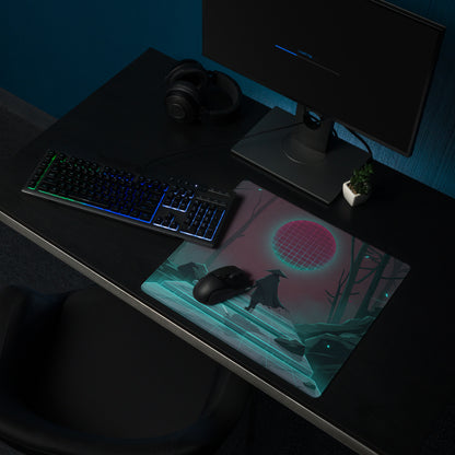 A sleek rectangular gaming mousepad with vibrant neon pink sun and teal geometric vaporwave design for desk use