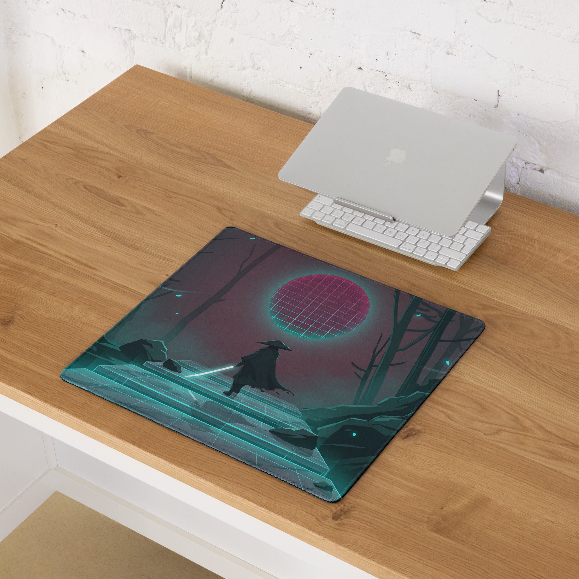 Neon pink teal vaporwave mouse pad featuring a lone figure silhouette on glowing digital terrain with grid sun design