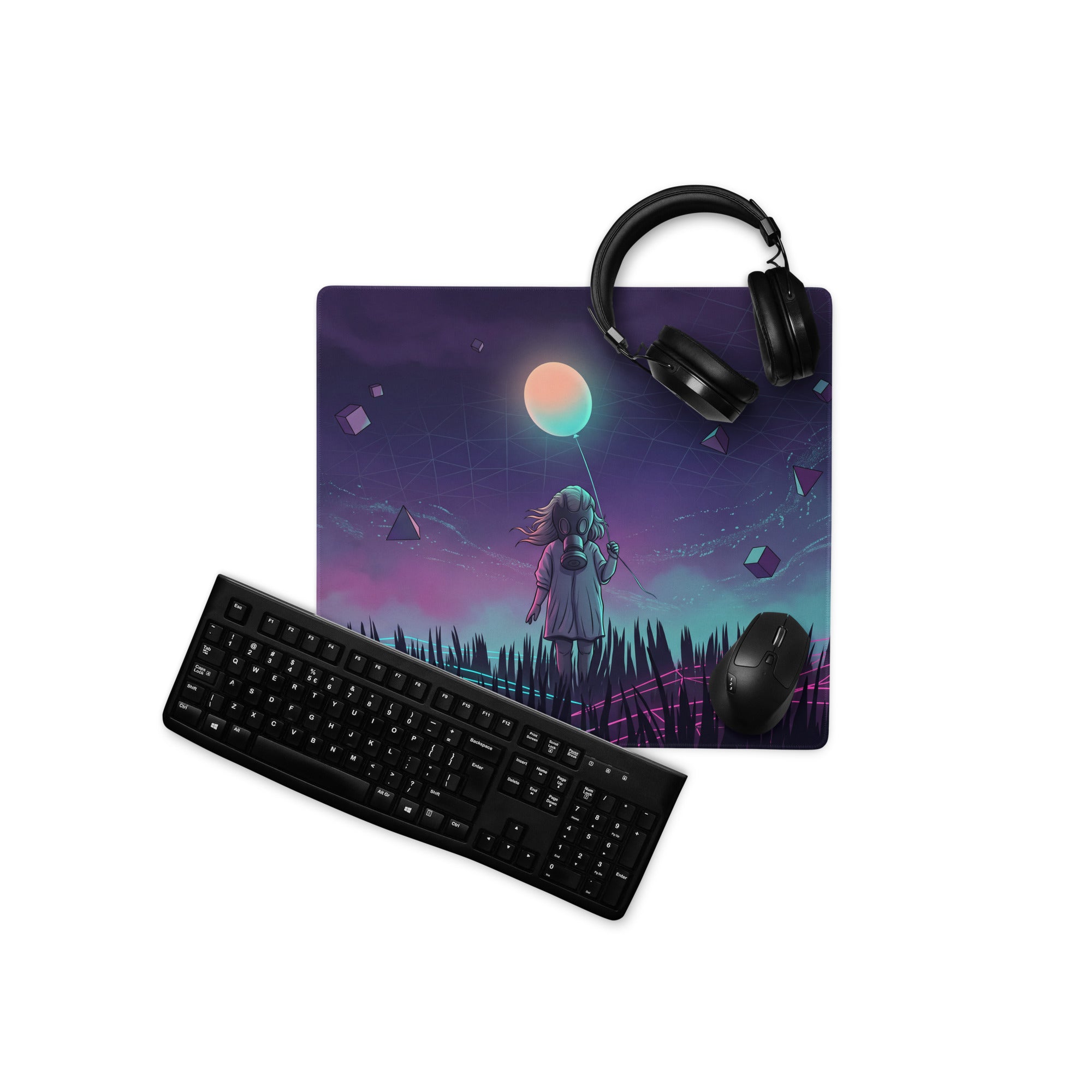 Purple and teal vaporwave neon gaming mouse pad featuring a girl holding a glowing balloon against a starry sky