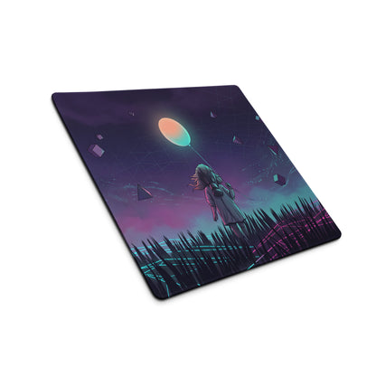 Navy blue rectangular vaporwave neon gaming mouse pad with a girl holding balloons against a vibrant gradient sky