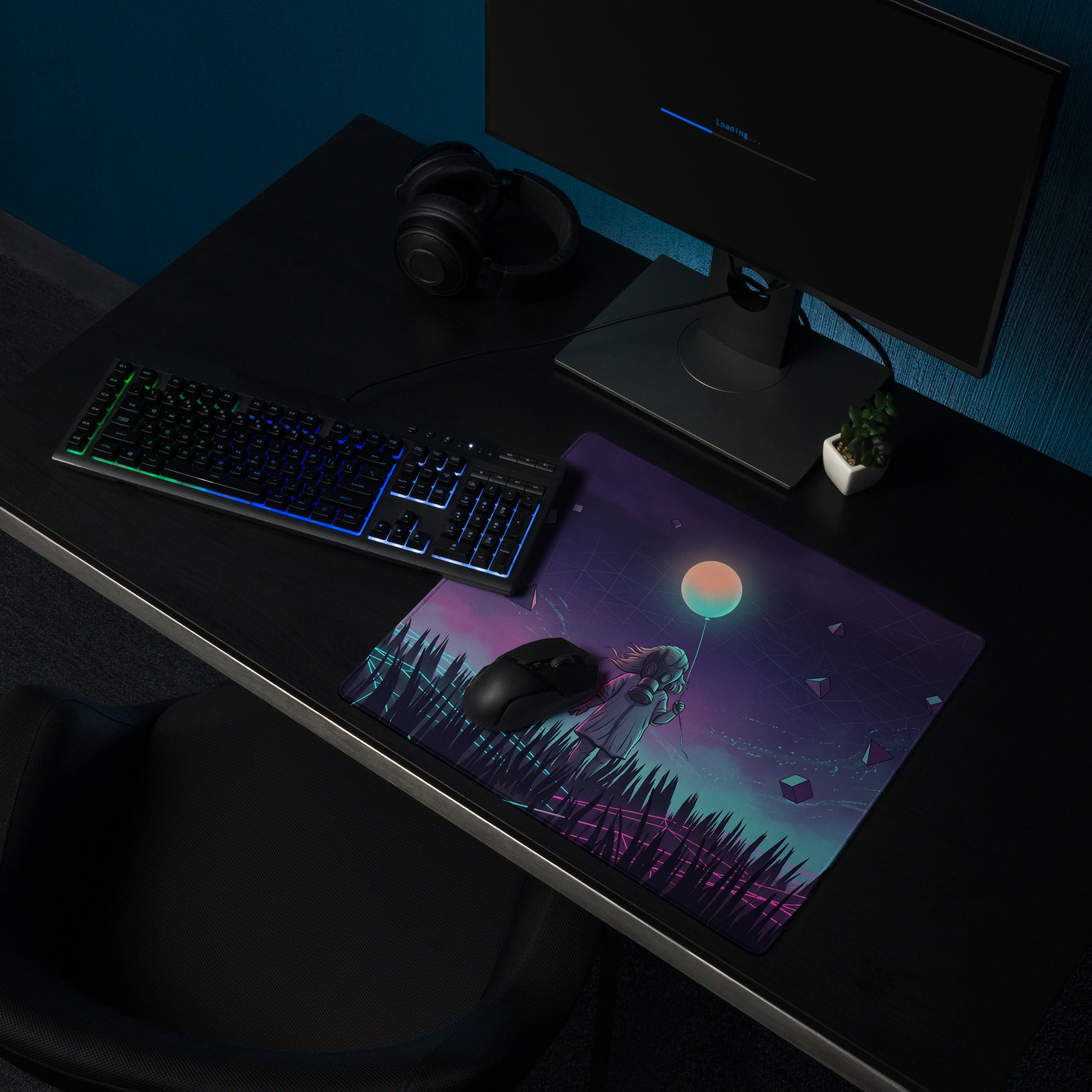 Vaporwave neon gaming mouse pad with a vibrant anime girl holding a glowing orange balloon on a purple teal sky