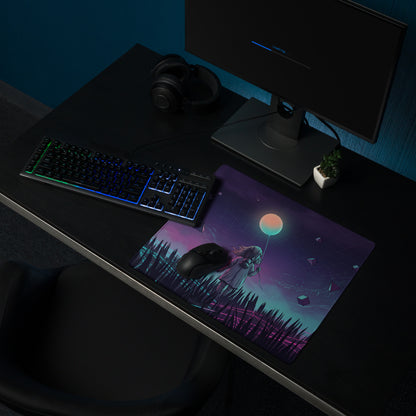 Vaporwave neon gaming mouse pad with a vibrant anime girl holding a glowing orange balloon on a purple teal sky