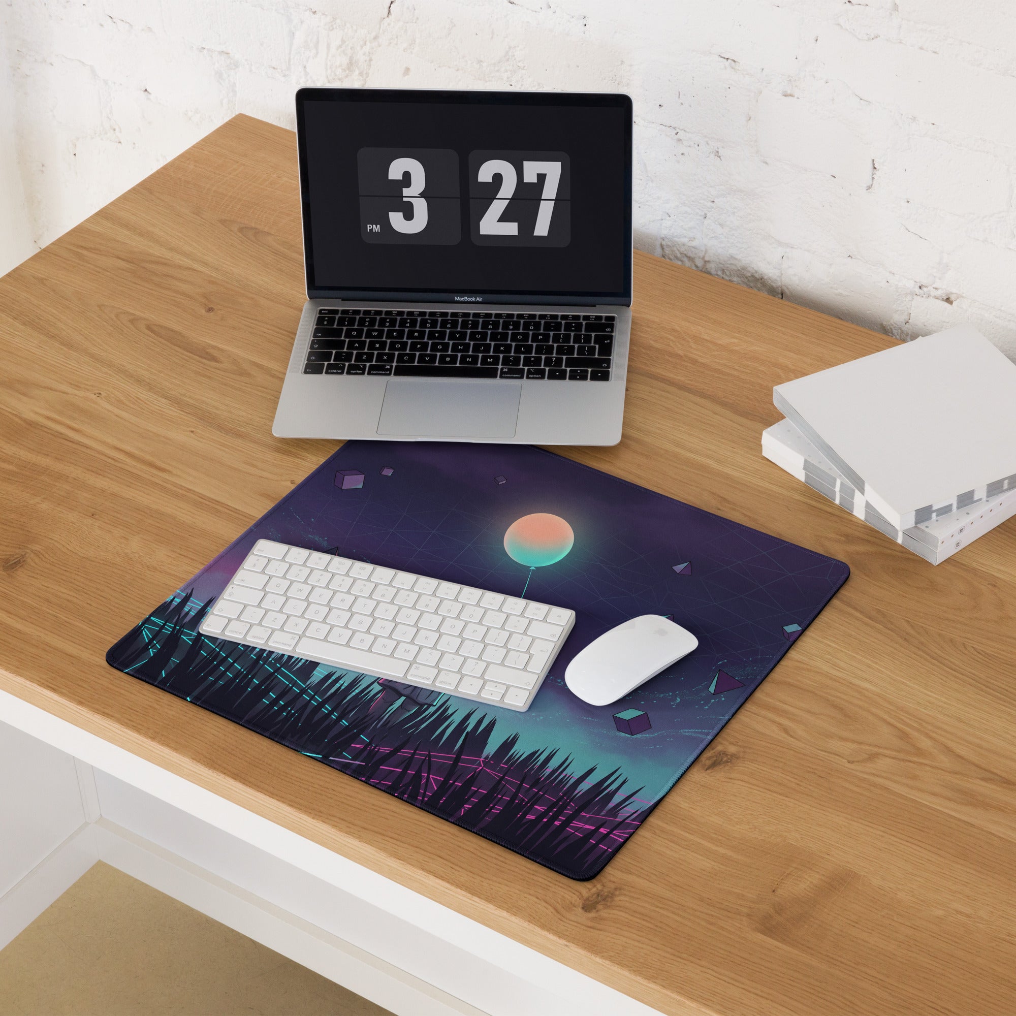 Vaporwave neon gaming mouse pad with vibrant neon purple and teal grass and glowing orange orb on dark cosmic background