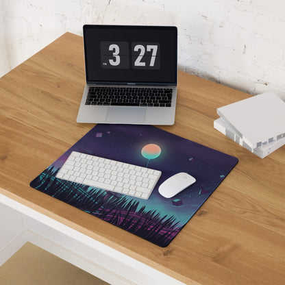Vaporwave neon gaming mouse pad with vibrant neon purple and teal grass and glowing orange orb on dark cosmic background