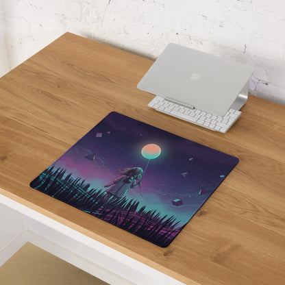 Vaporwave neon gaming mouse pad with a glossy finish featuring a purple teal anime girl holding a glowing balloon design
