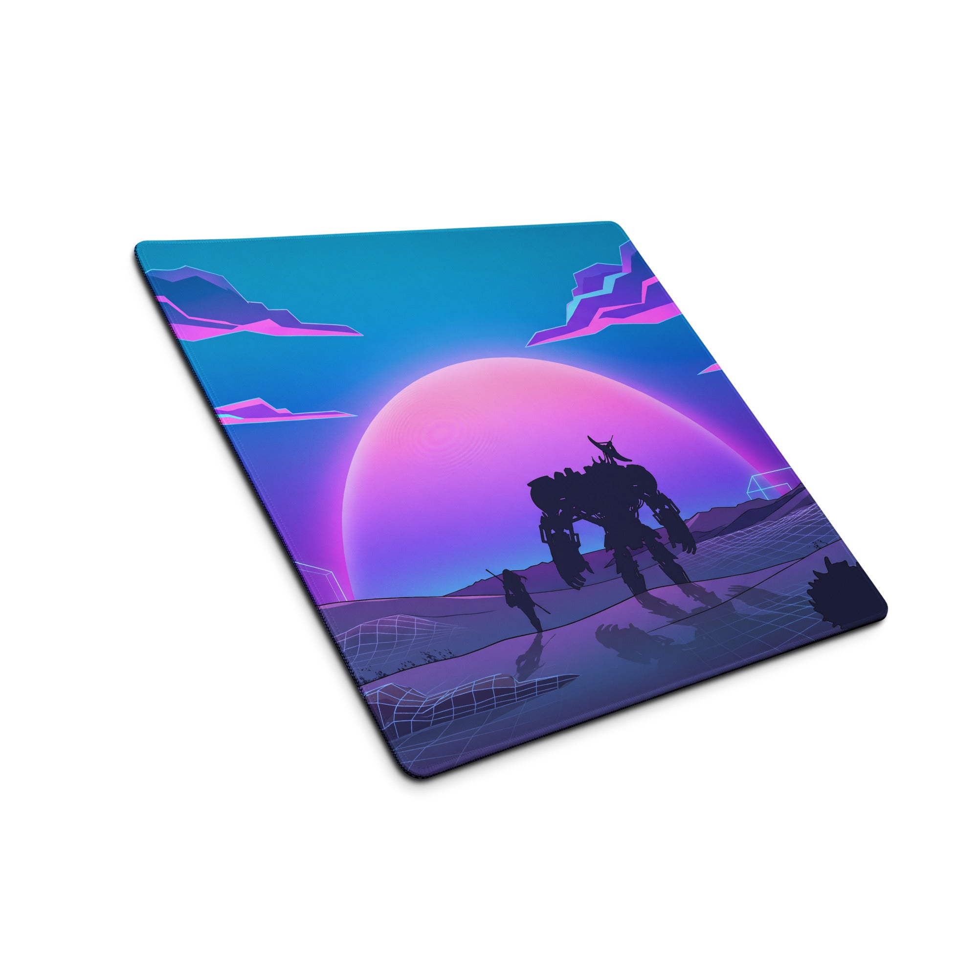 Vaporwave neon sunset gaming mouse pad with a silhouette of a giant robot against a pink and purple desert sunset