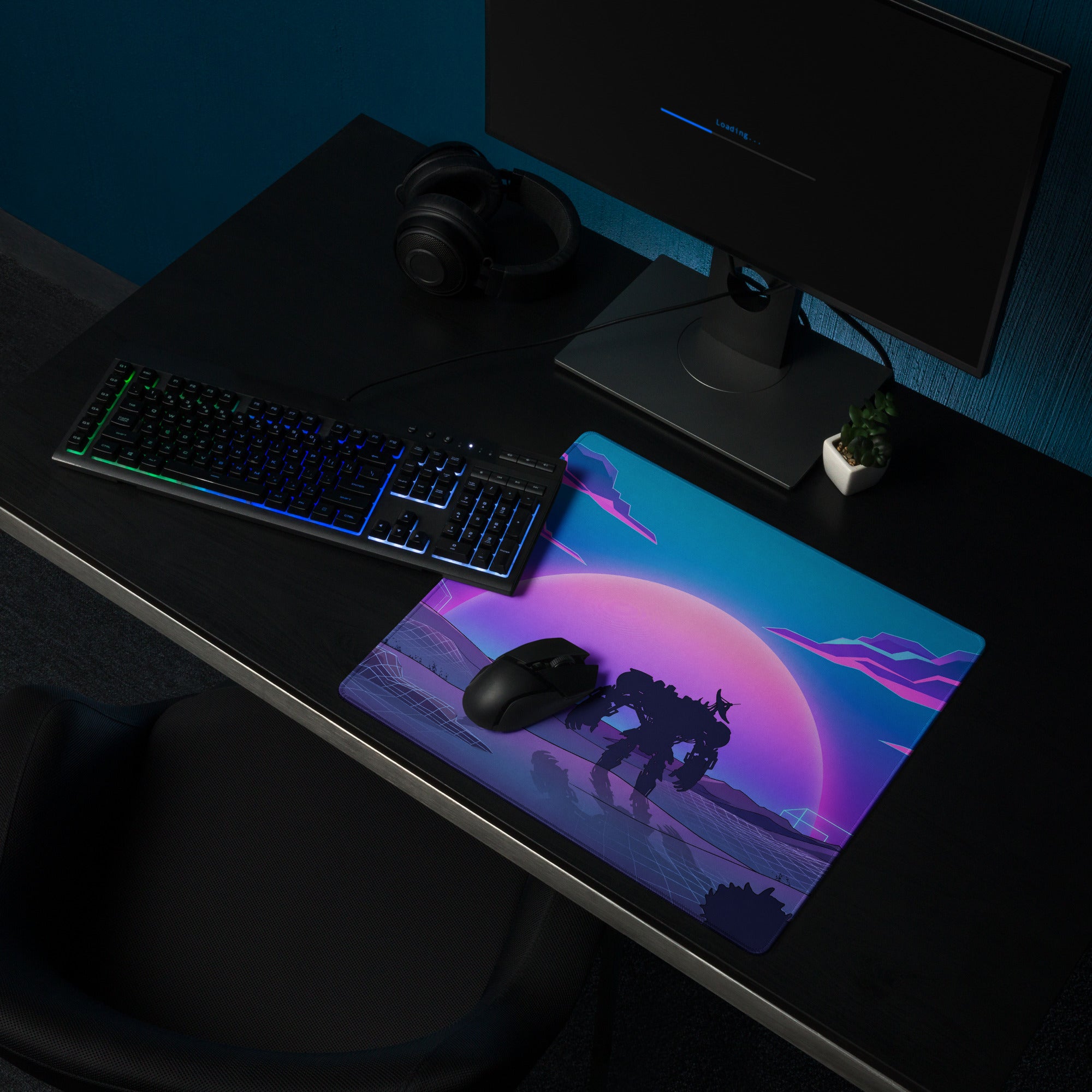 Vaporwave neon sunset gaming mouse pad with glossy finish featuring vibrant purple pink mountain sunset design