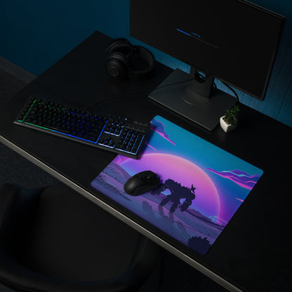Vaporwave neon sunset gaming mouse pad with glossy finish featuring vibrant purple pink mountain sunset design