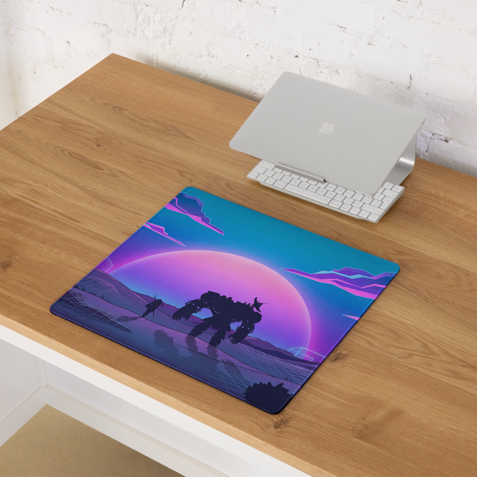 Vaporwave neon sunset gaming mouse pad with vibrant purple and teal neon colors featuring mech silhouette