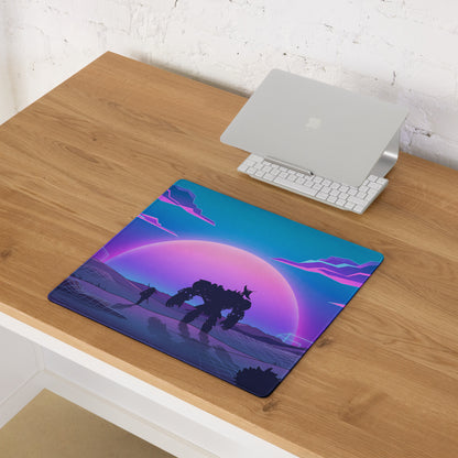 Vaporwave neon sunset gaming mouse pad with vibrant purple and teal neon colors featuring mech silhouette