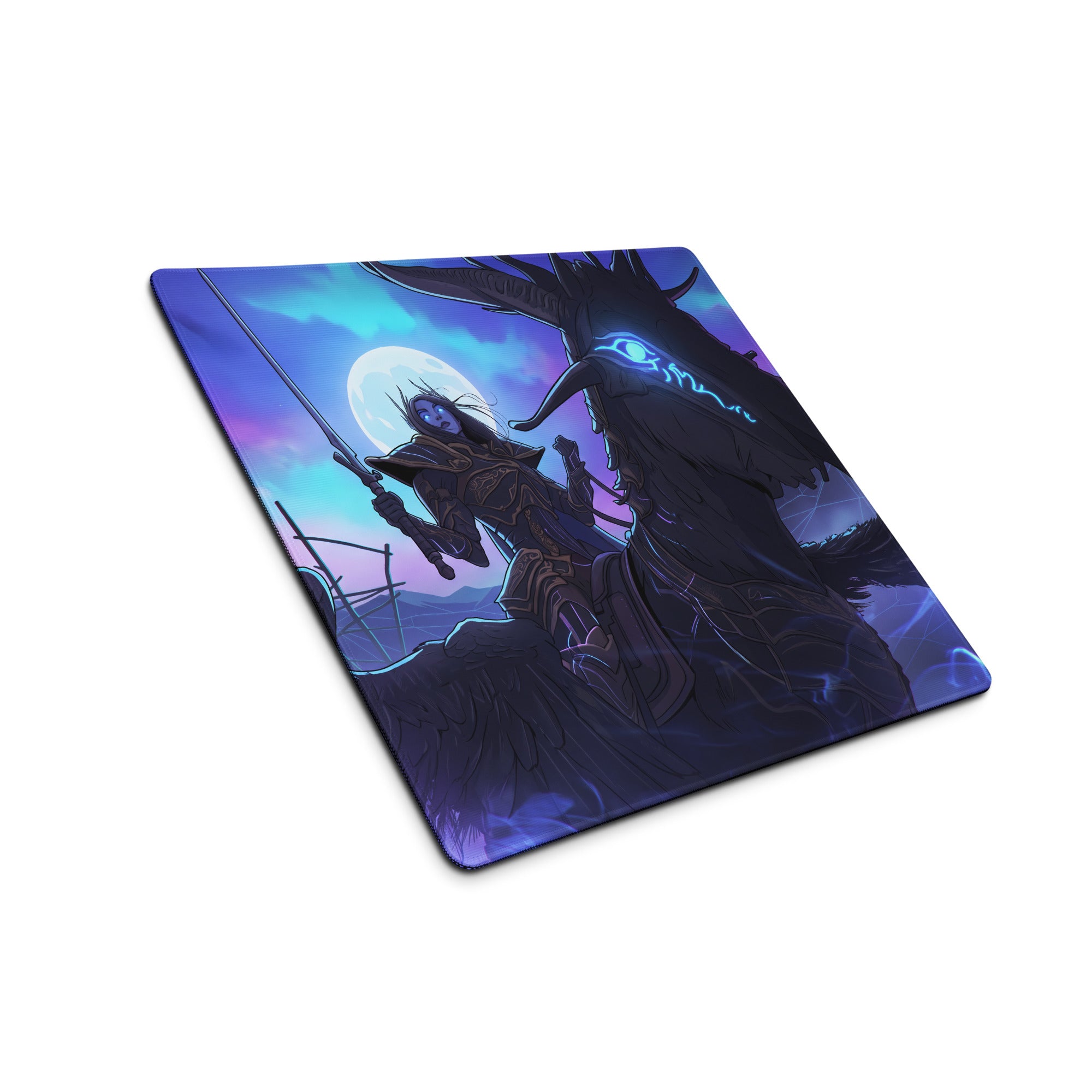 A rectangular neon dragon vaporwave desk pad with a dark fantasy warrior on horseback in purple and blue tones