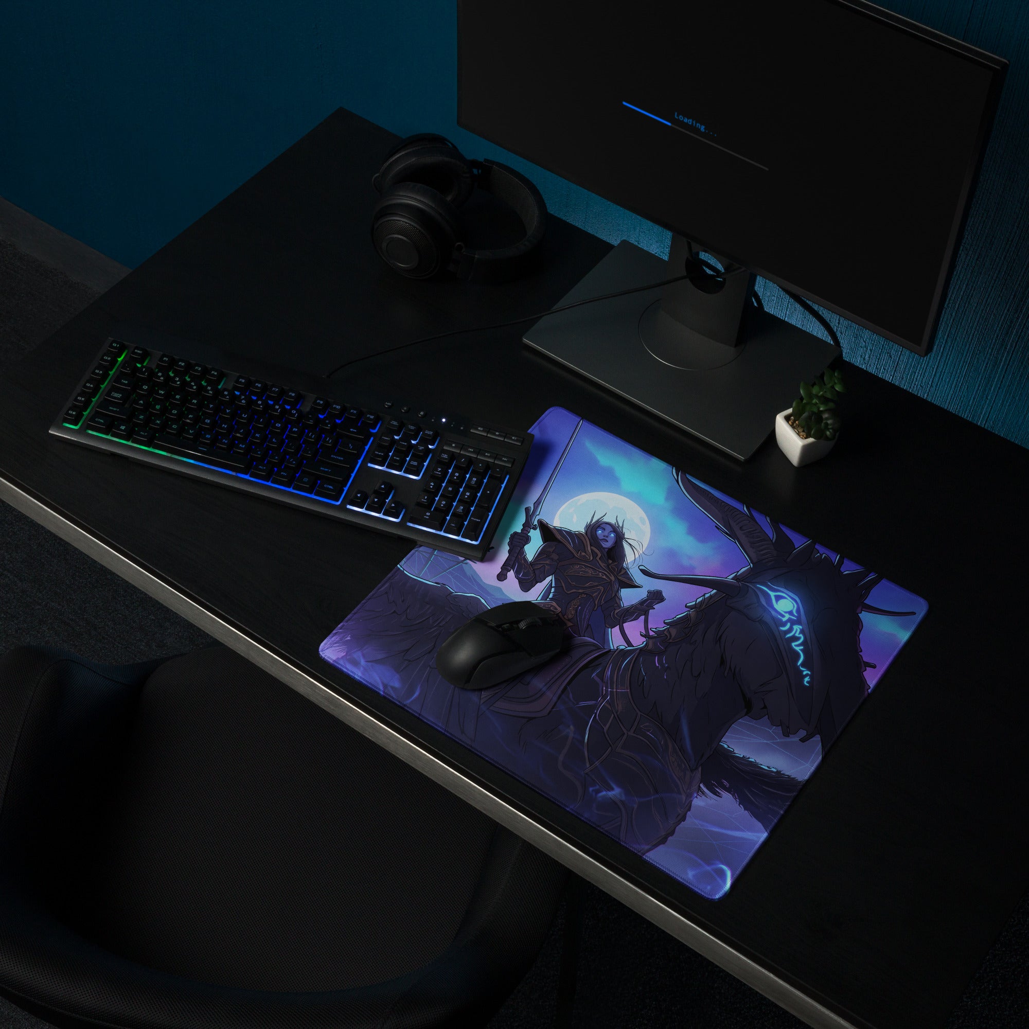 Purple and black neon dragon vaporwave desk pad with fantasy character on horseback under glowing moon for gaming use