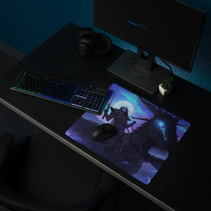 Purple and black neon dragon vaporwave desk pad with fantasy character on horseback under glowing moon for gaming use