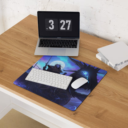 Neon dragon vaporwave gaming mousepad with vibrant purple and blue dark fantasy design featuring glowing blue eyes and sword