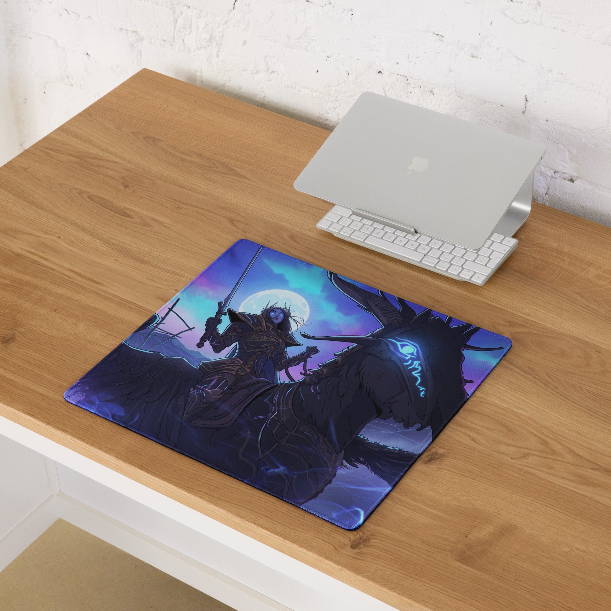 A rectangular neon dragon vaporwave gaming mousepad with a dark fantasy mounted warrior under a purple blue moon
