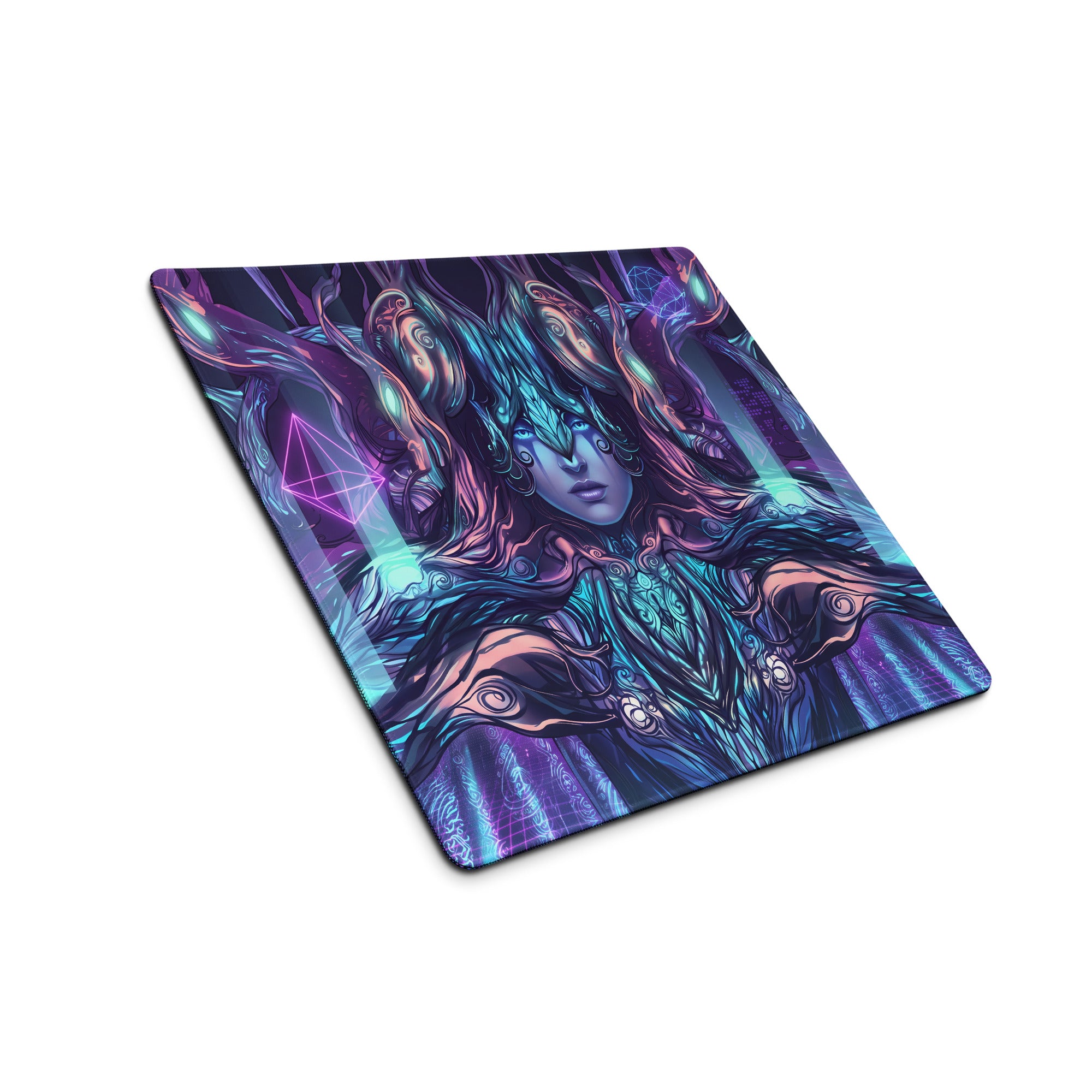 Vibrant rectangular gaming mousepad with surreal vaporwave neon goddess artwork in purple teal and pink for desk use
