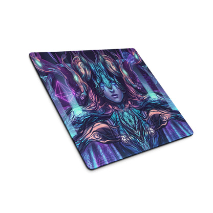 Vibrant rectangular gaming mousepad with surreal vaporwave neon goddess artwork in purple teal and pink for desk use