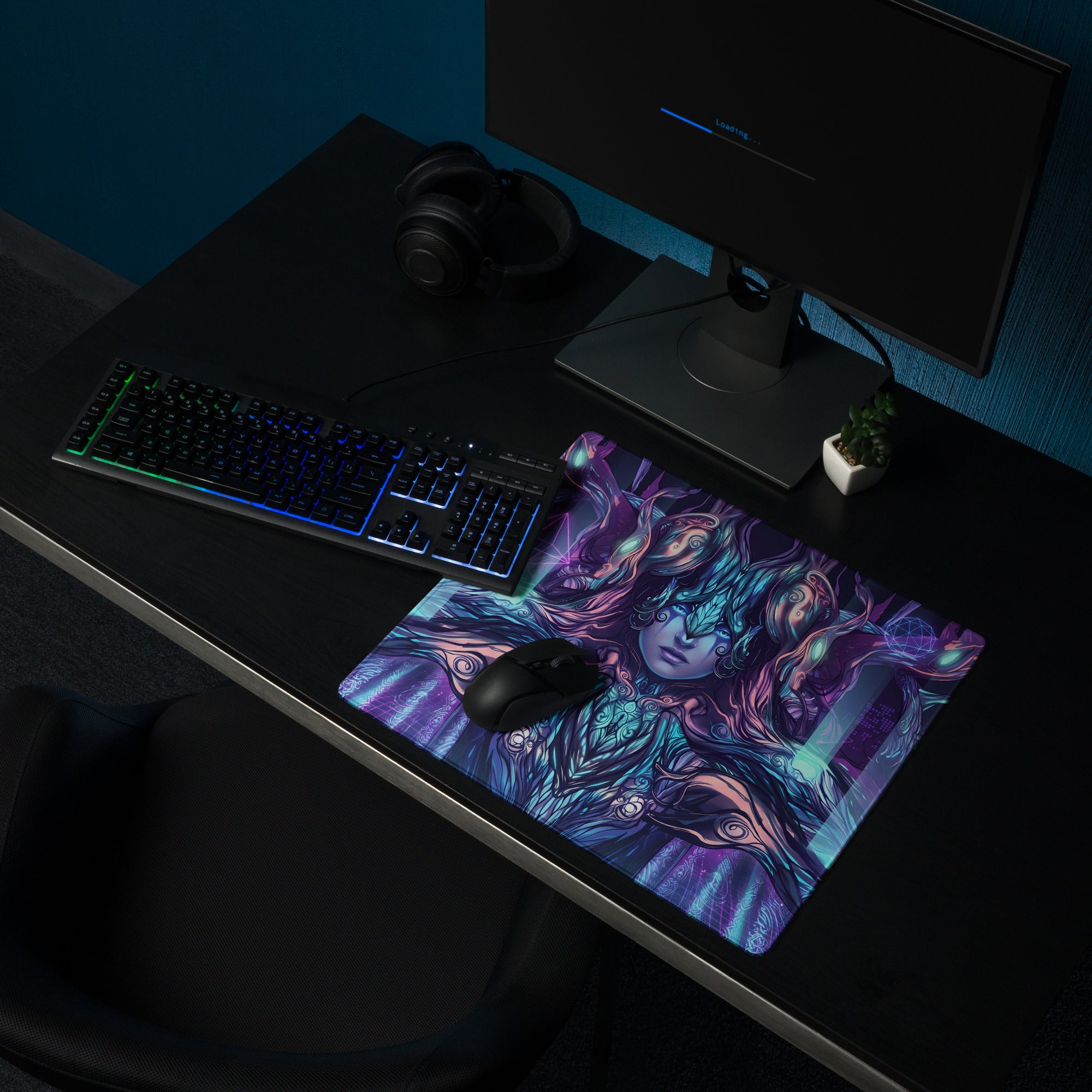 Vibrant purple and teal vaporwave neon goddess gaming mousepad with intricate flowing hair woman illustration