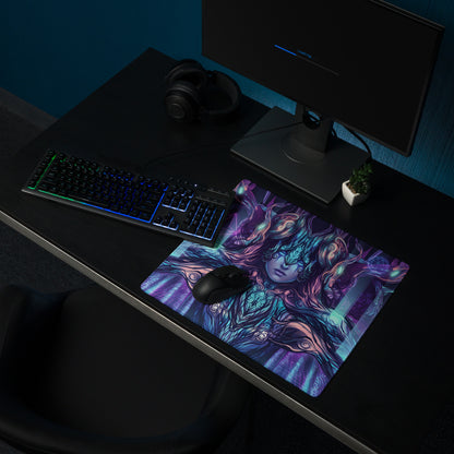 Vibrant purple and teal vaporwave neon goddess gaming mousepad with intricate flowing hair woman illustration