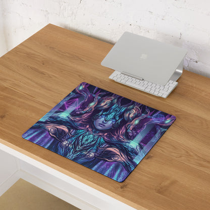 Vaporwave neon goddess mouse pad with mystical woman and glowing purple teal pink geometric patterns for desk use