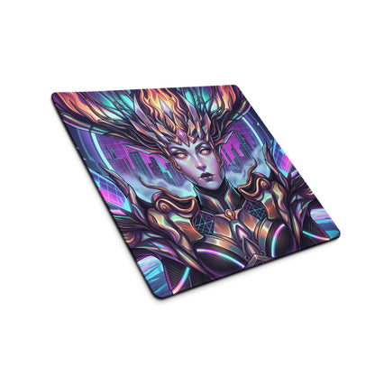 Vibrant vaporwave neon goddess gaming mouse pad featuring a stylized female warrior with glowing purple and orange hair