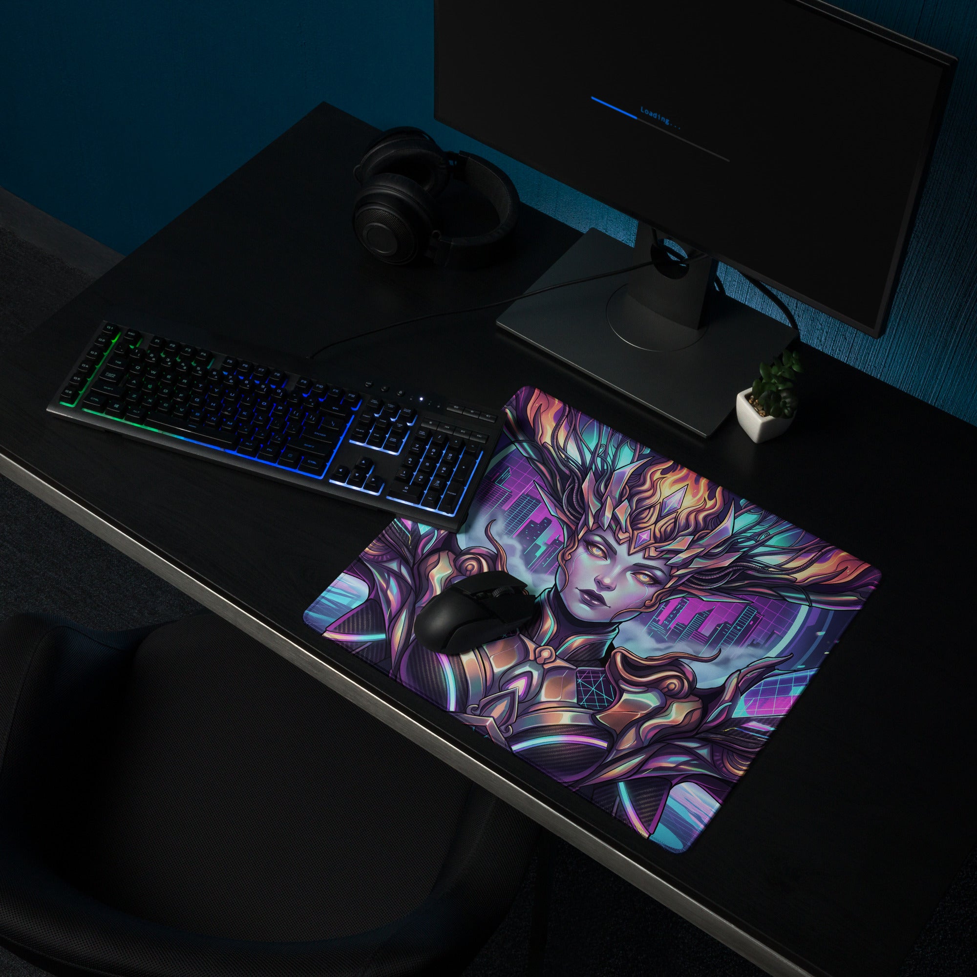 Vaporwave neon goddess pad gaming mousepad with vibrant neon purple and blue cyberpunk female warrior design