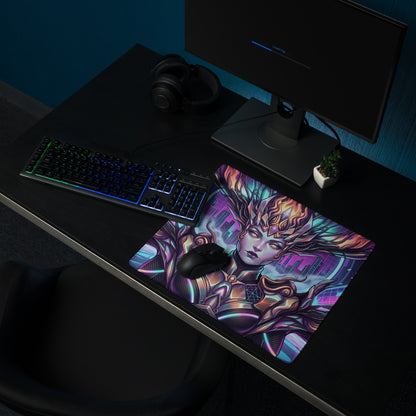 Vaporwave neon goddess pad gaming mousepad with vibrant neon purple and blue cyberpunk female warrior design