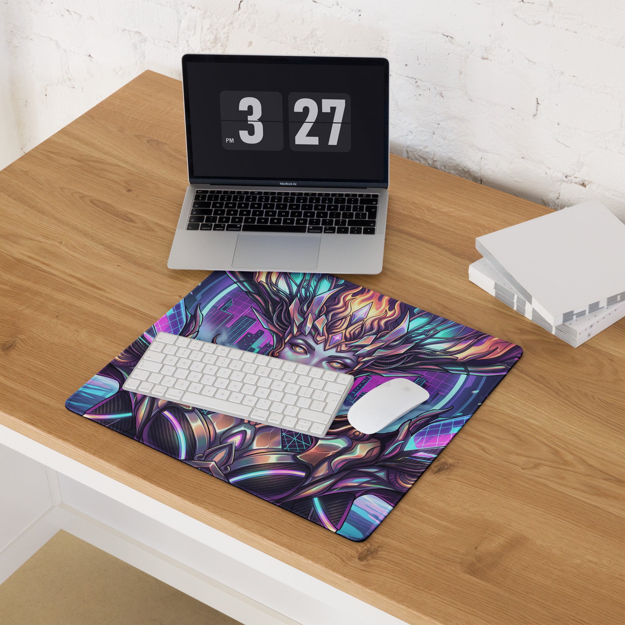 Vaporwave neon goddess pad gaming mousepad with vibrant purple blue cyberpunk ethereal figure and glowing details