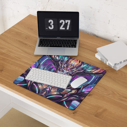 Vaporwave neon goddess pad gaming mousepad with vibrant purple blue cyberpunk ethereal figure and glowing details