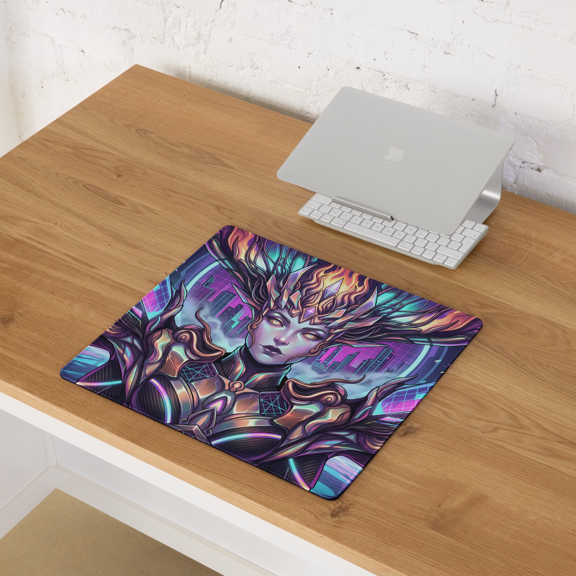 Vaporwave neon goddess gaming mousepad with vibrant purple blue cybernetic warrior design on durable fabric surface