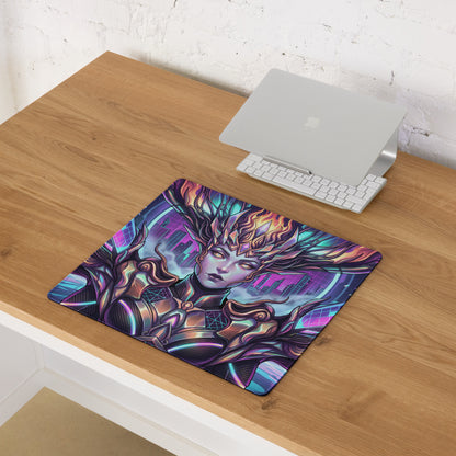 Vaporwave neon goddess gaming mousepad with vibrant purple blue cybernetic warrior design on durable fabric surface