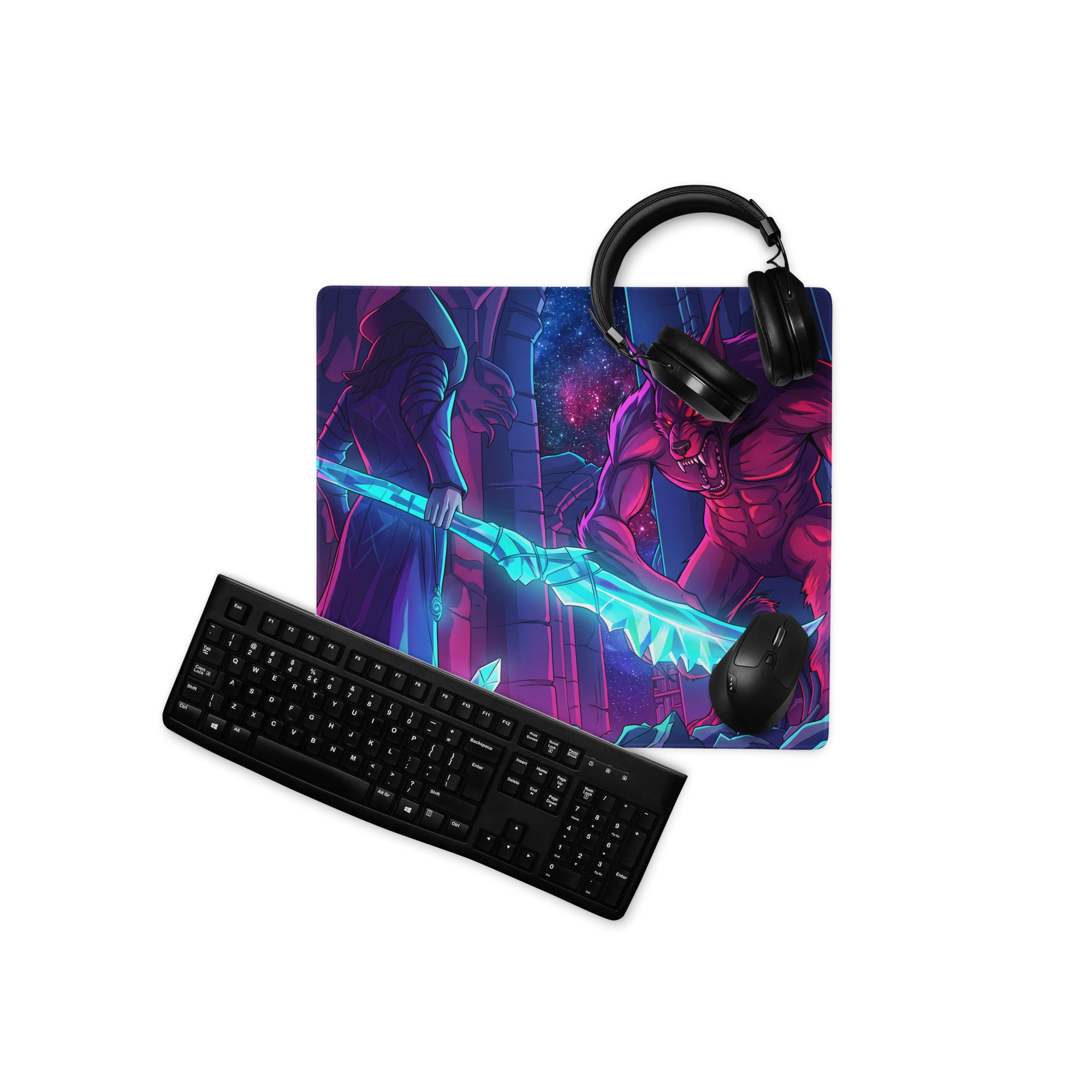 Vaporwave neon wolf mouse pad with vibrant purple and pink fantasy art of a red demon and glowing blue sword for gaming desk