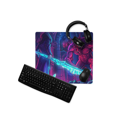 Vaporwave neon wolf mouse pad with vibrant purple and pink fantasy art of a red demon and glowing blue sword for gaming desk