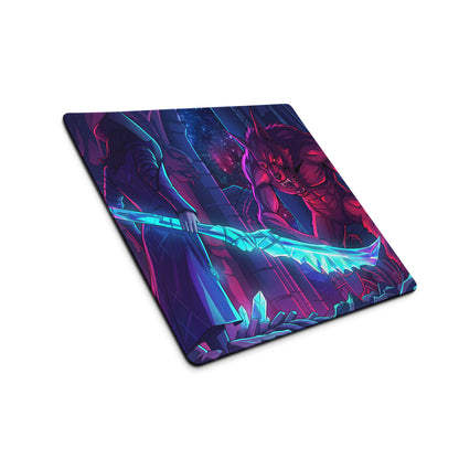 Vaporwave neon wolf mouse pad with vibrant neon fantasy battle scene and glowing blue sword for gaming desk use