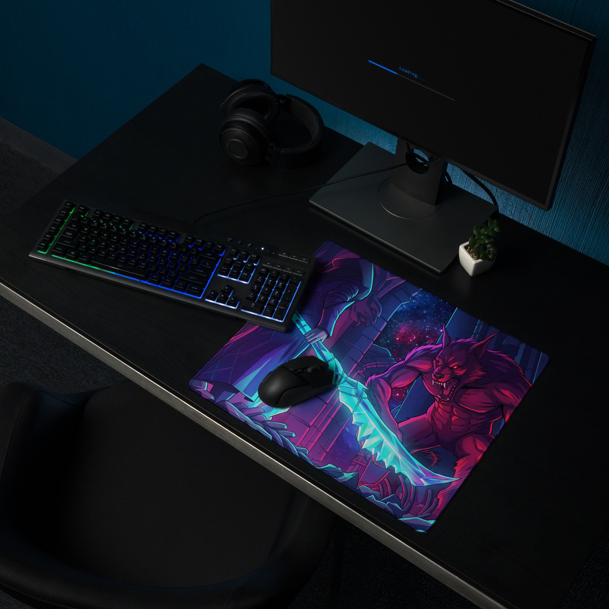 Vaporwave neon wolf mouse pad in vibrant purple and pink featuring a fierce demon with glowing cyan sword for gaming desk