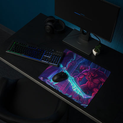 Vaporwave neon wolf mouse pad in vibrant purple and pink featuring a fierce demon with glowing cyan sword for gaming desk