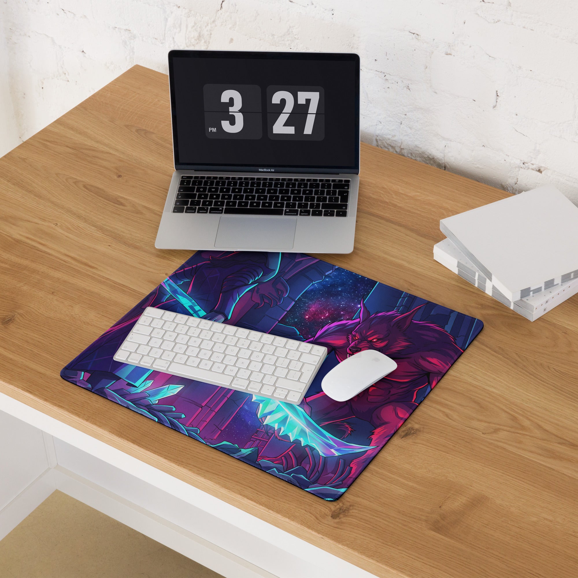 Vaporwave neon wolf gaming mouse pad with vibrant purple and teal mythical creatures digital art design